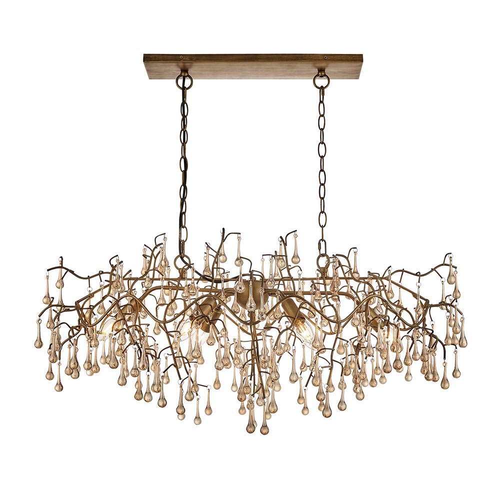 Endon Aged Gold Branch Linear Chandelier With Glass Droplets