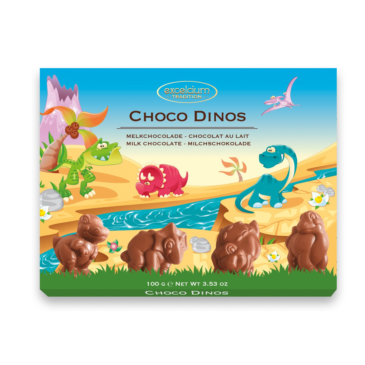 Excelcium solid milk chocolate dinosaur pieces in carton - 22x100g