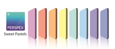 Perspex Sweet Pastels cast acrylic sheet range displayed in gradient pastel colours, ideal for signage and decorative applications