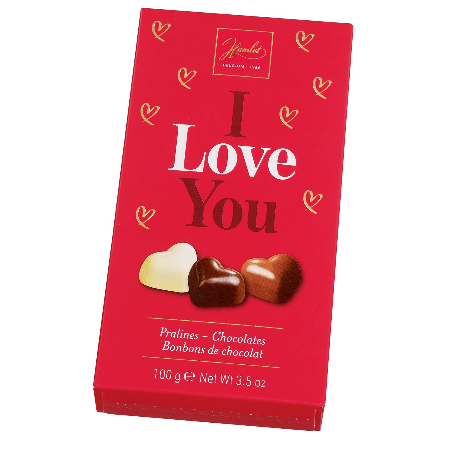 I Love You gift box of asstd choc hearts with hazelnut - 20x100g