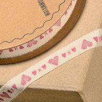 Natural Ribbon With Burgundy Hearts - 10mm x 10m