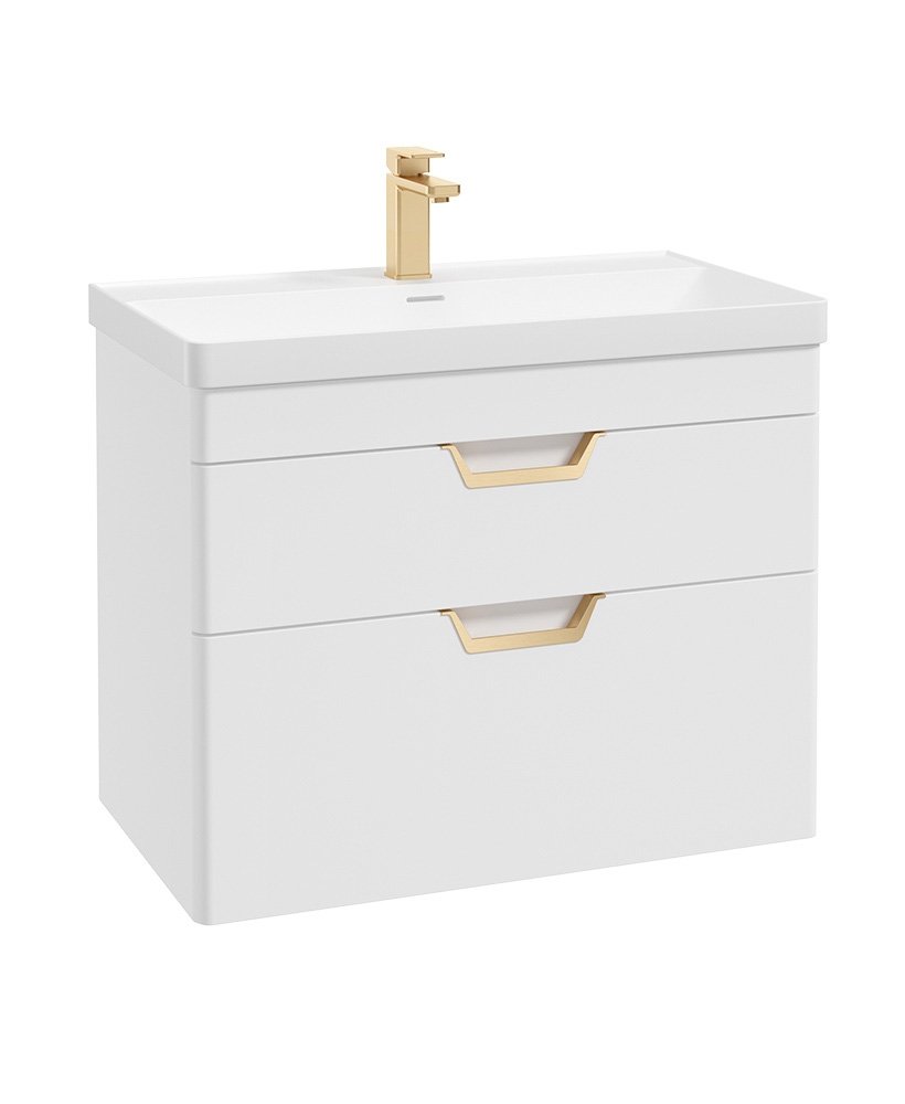 FREYA 80CM 2 DRAWER WALL HUNG VANITY UNIT MATT WHITE-BRUSHED GOLD HANDLE