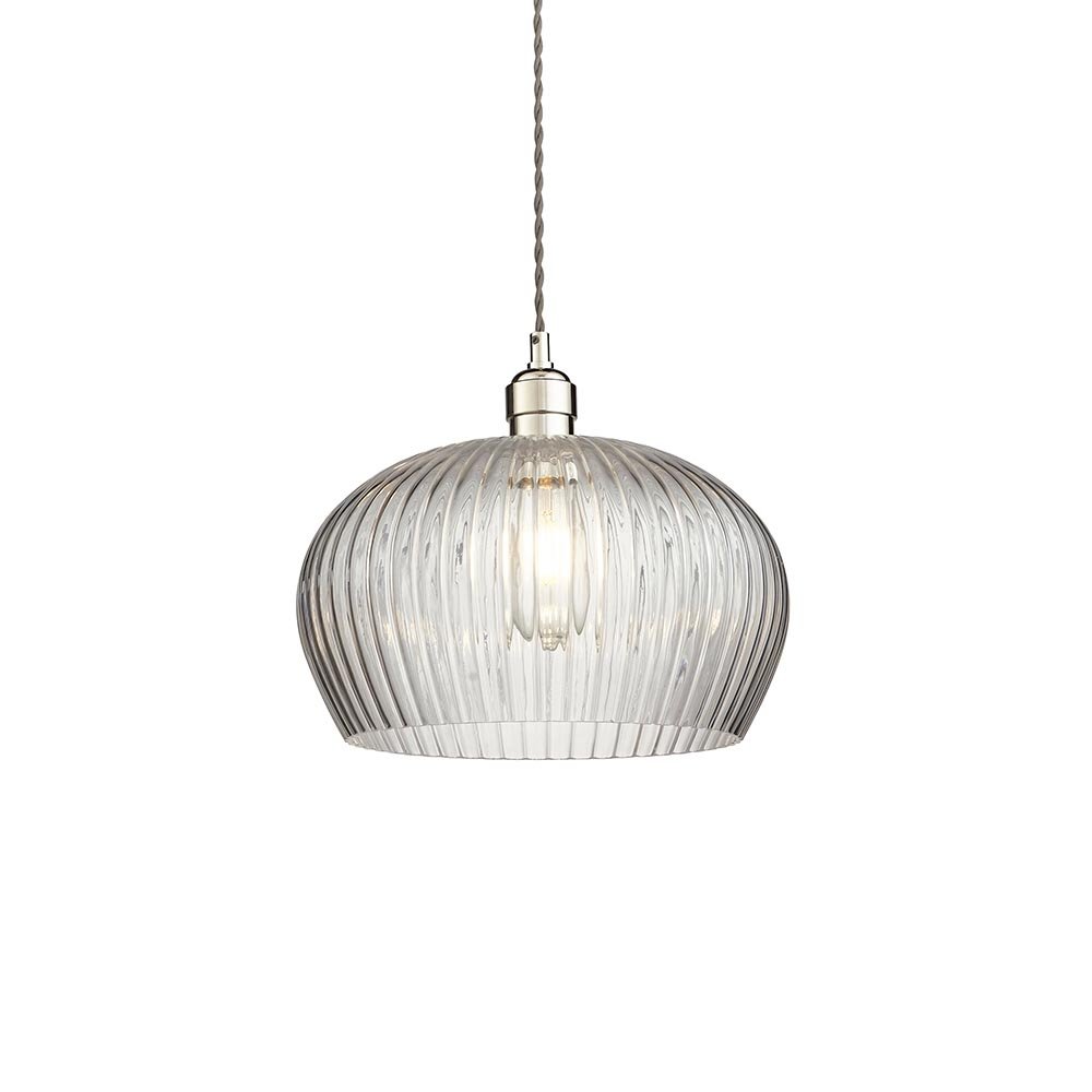 Endon Ribbed Clear Glass And Bright Nickel Medium Pendant