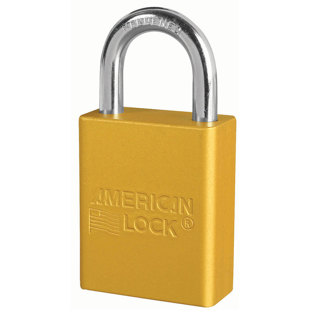 Master Lock Yellow anodized aluminum safety padlock, 38mm wide with 25mm tall shackle, 6-pin cylinder, keyed...