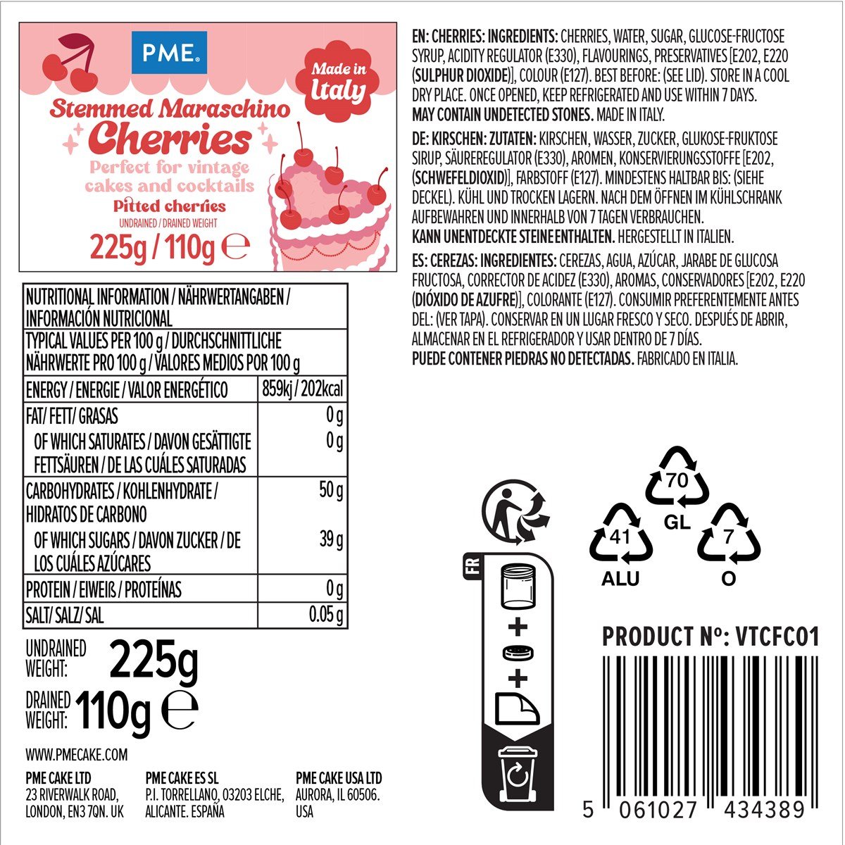 STEMMED MARASCHINO CHERRIES 225g