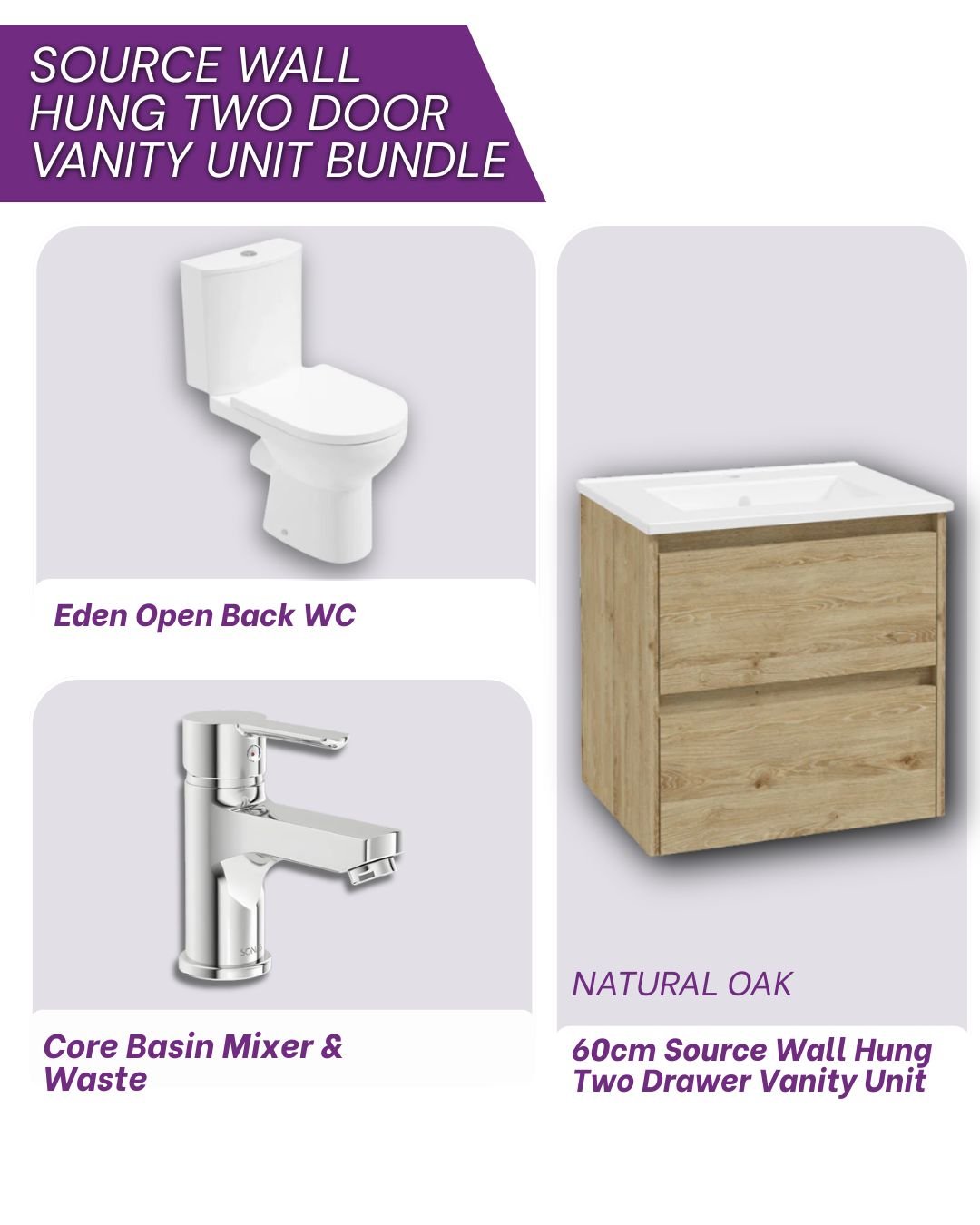 Sonas 60CM Vanity, Tap & WC Bundle Natural Oak