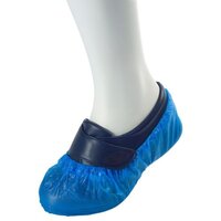 Embossed blue chlorpolythylene (CPE) overshoes with elasticated ankles.