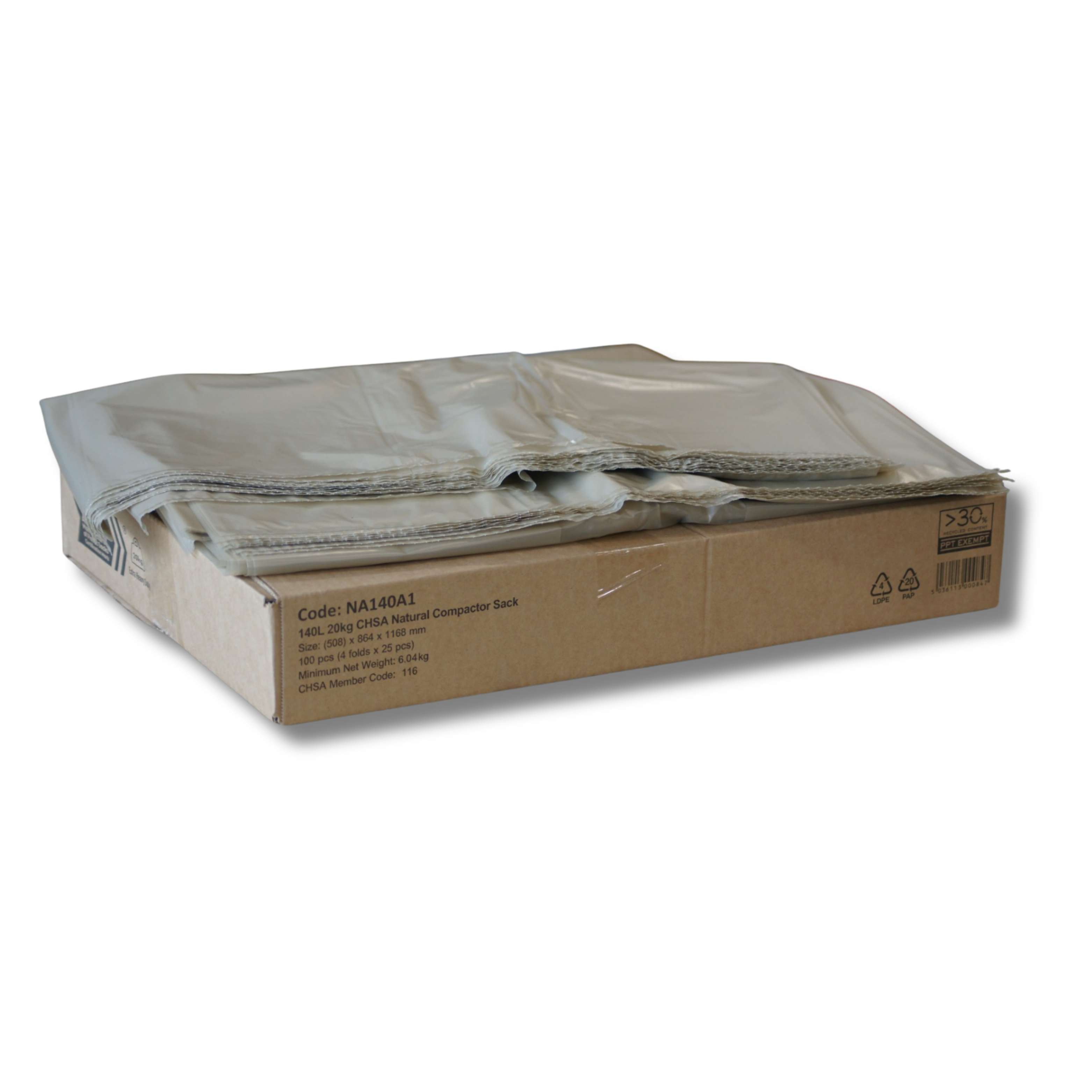 140L 20KG Compactor Bags, Clear, 100/Case