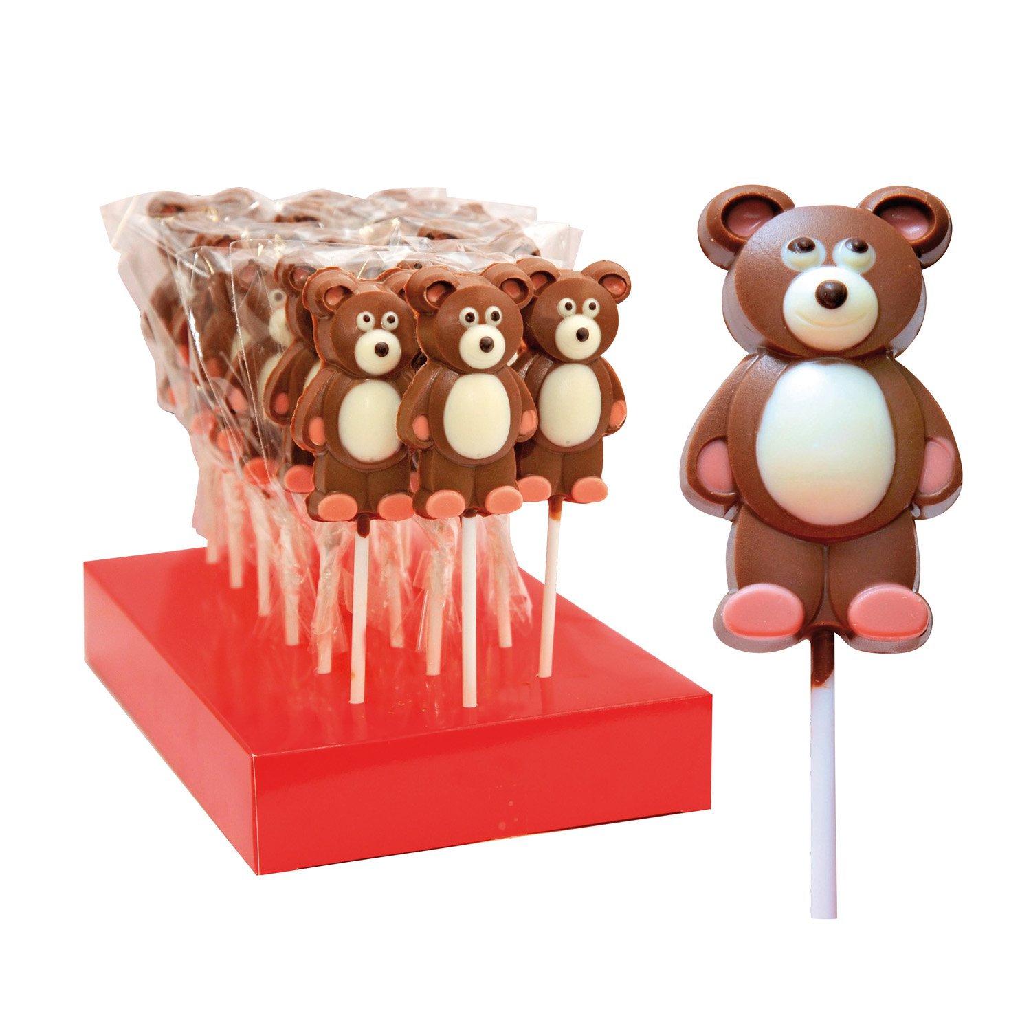 Hand decorated milk choc teddy bear lollipops in display - 18x35g
