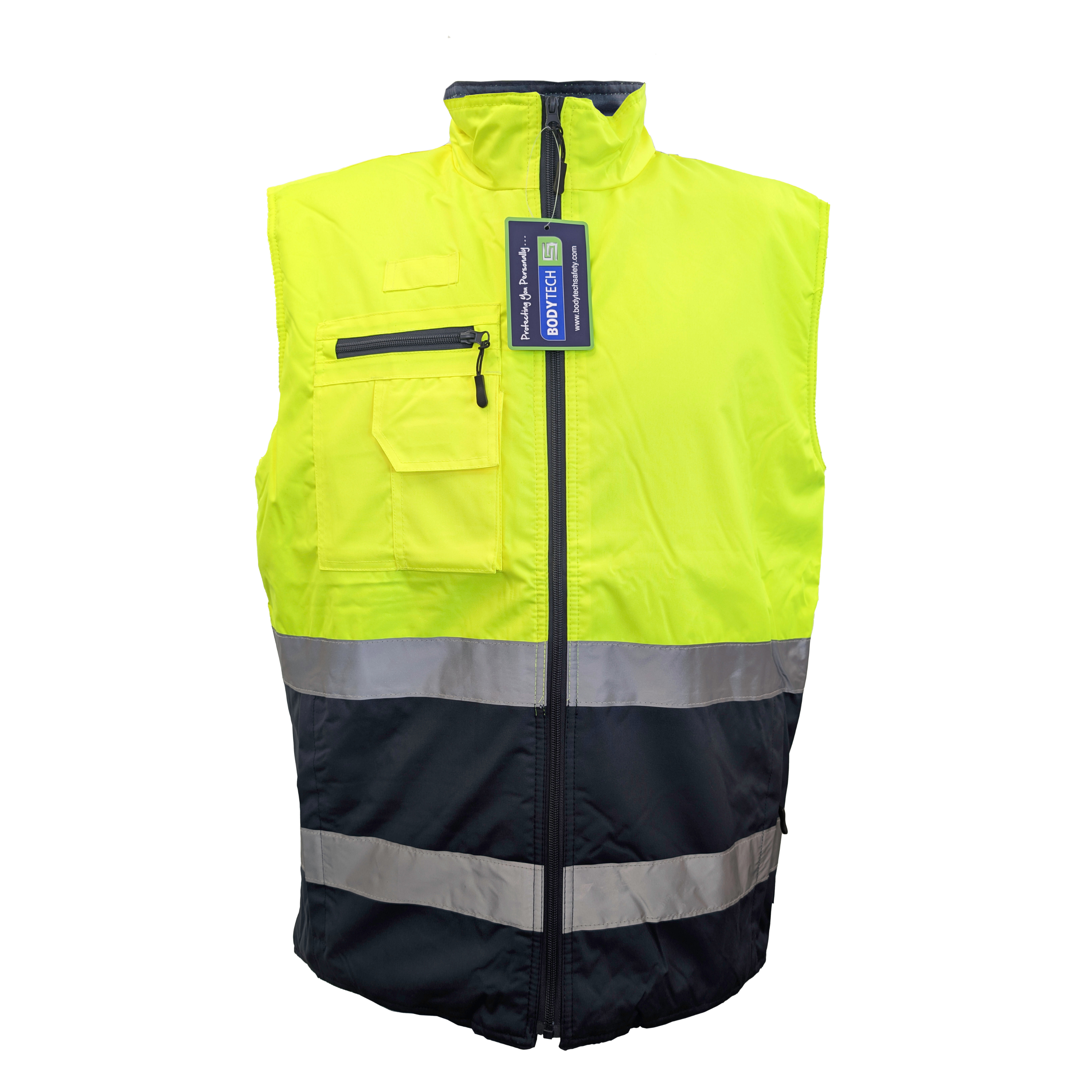 HIVIS TWO-TONE BODYWARMER, YELLOW AND NAVY