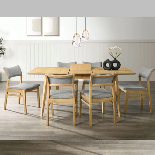 Salz 140 to 180cm Natural Oak Veneer Table & 6 Grey Chairs  1