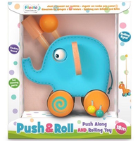 Wooden toddler blue elephant push and roll toy - in packaging