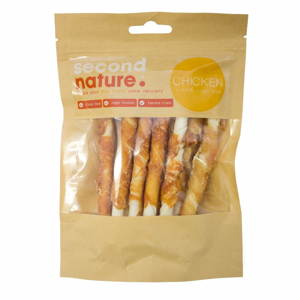 Second Nature Dog Treats 5in x 7/8mm Whitehide Twisted Stick Wrapped in Chicken 6x10pk