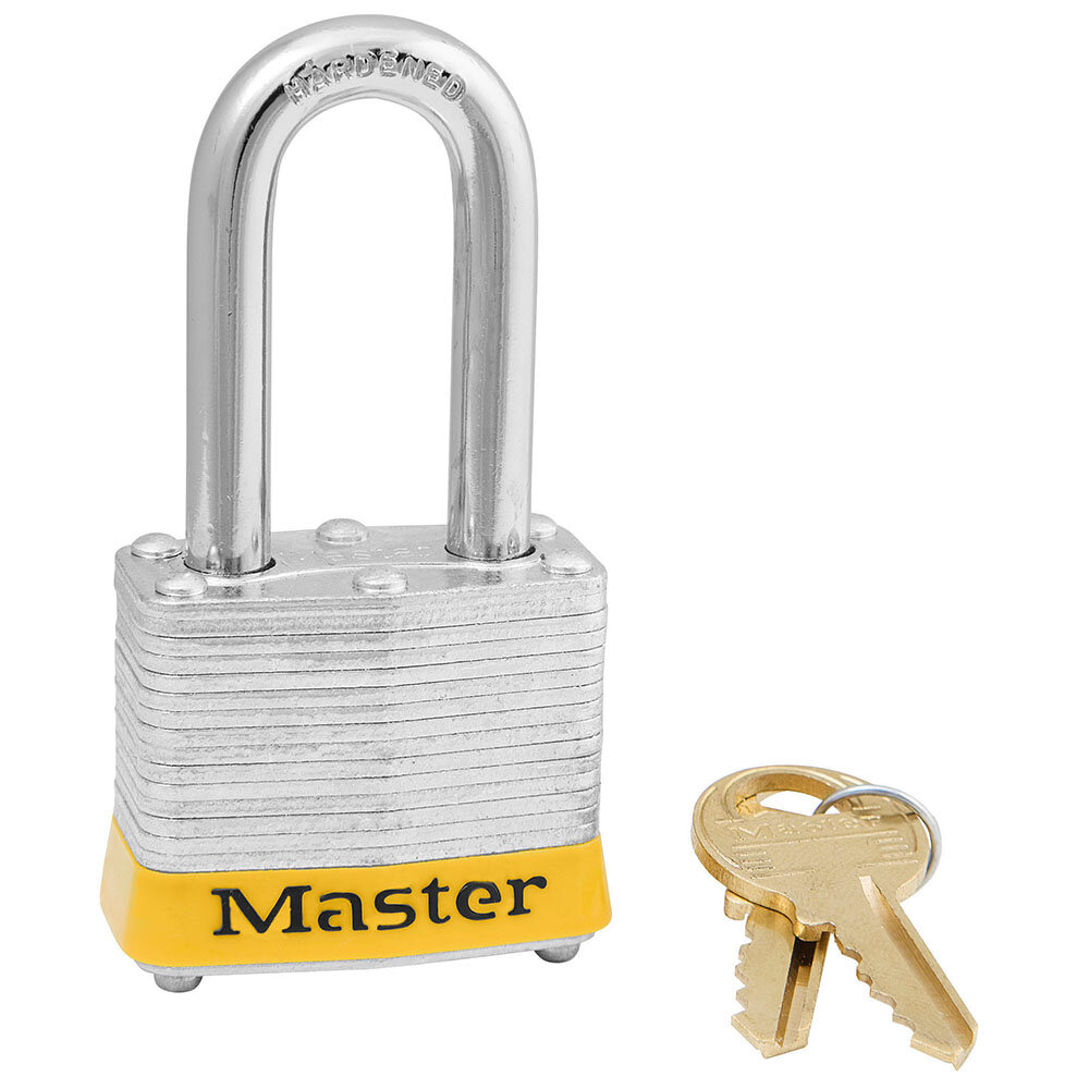 Master Lock Yellow laminated steel safety padlock, 40mm wide with 38mm tall shackle, keyed alike