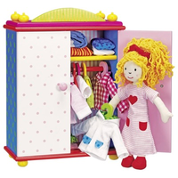 Dress-up doll with wooden wardrobe full of outfits