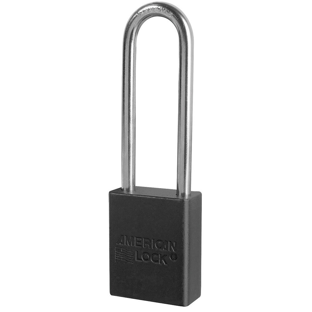 Master Lock Black anodized aluminum safety padlock, 38mm wide with 75mm tall shackle, keyed alike master...
