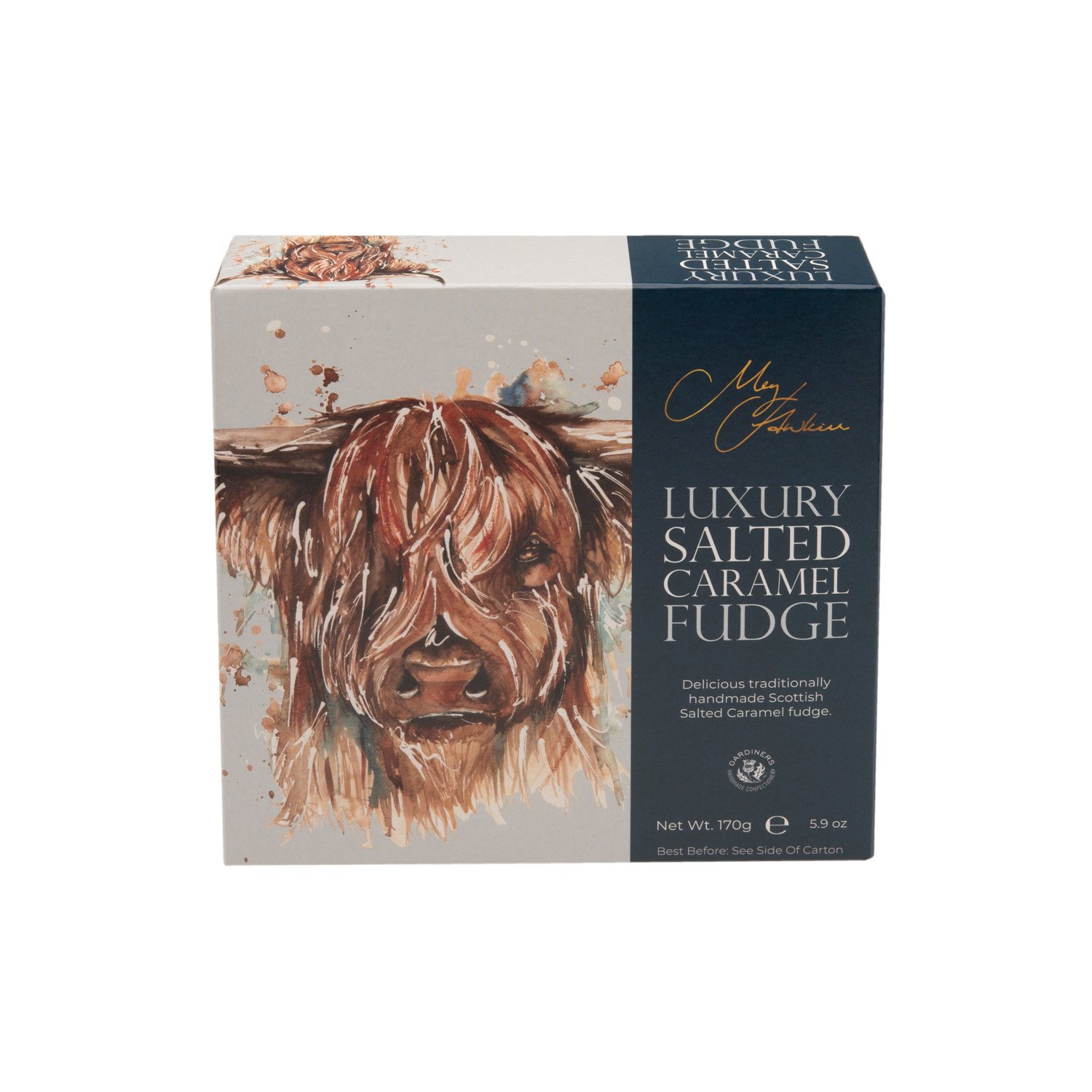 Meg Hawkins Highland Cow carton of salted caramel fudge - 12x170g