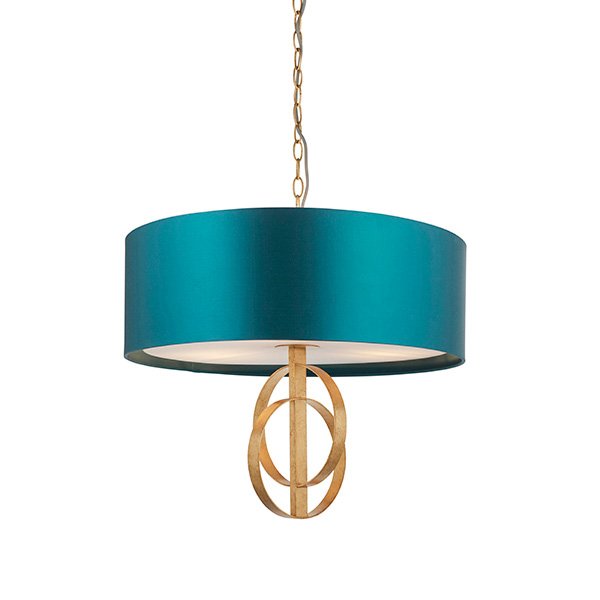 Endon Double Hoop Gold Leaf Pendant Light With Large Teal Shade