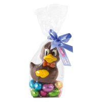 Hollow choc duck on foiled mini eggs in gift bag - 18x140g