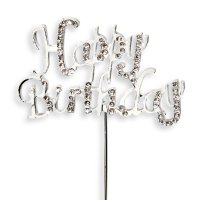 Diamante "Happy Birthday" On Stem Silver- 6.5 x 3.5cm