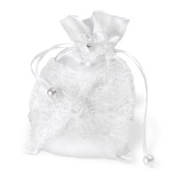 Satin Lace Pouch With Flowers & Pearls White - 100 x 150mm