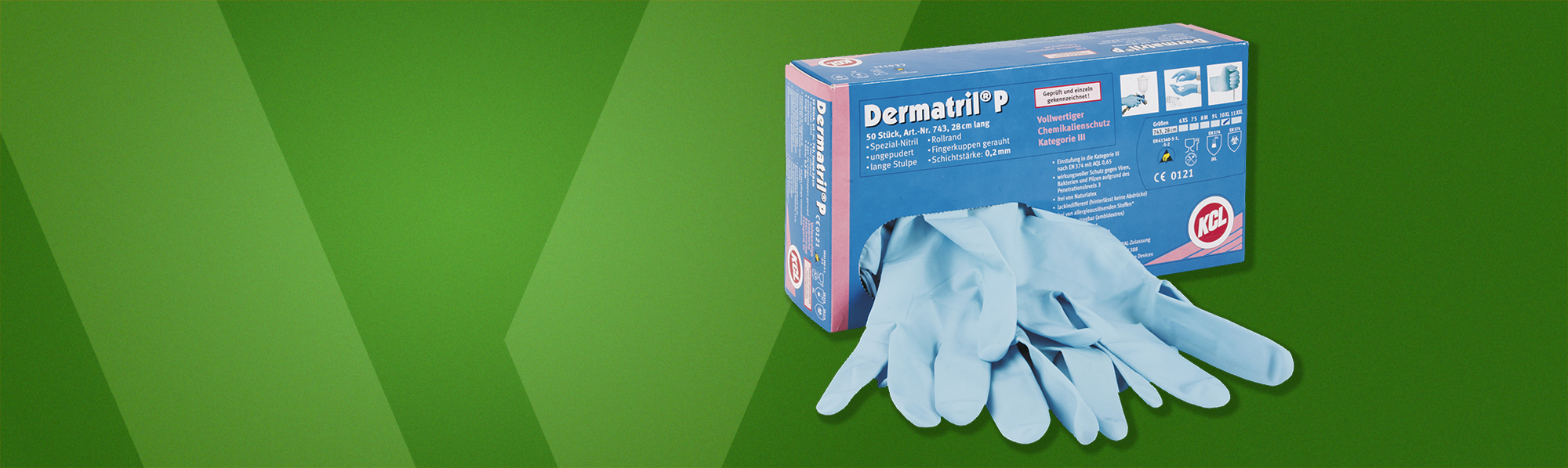 KCL Dermatril P 743, chemical resistant gloves to protect hands against n-Heptane, Sodium hydroxide 40%, and Sulphuric acid 96%.