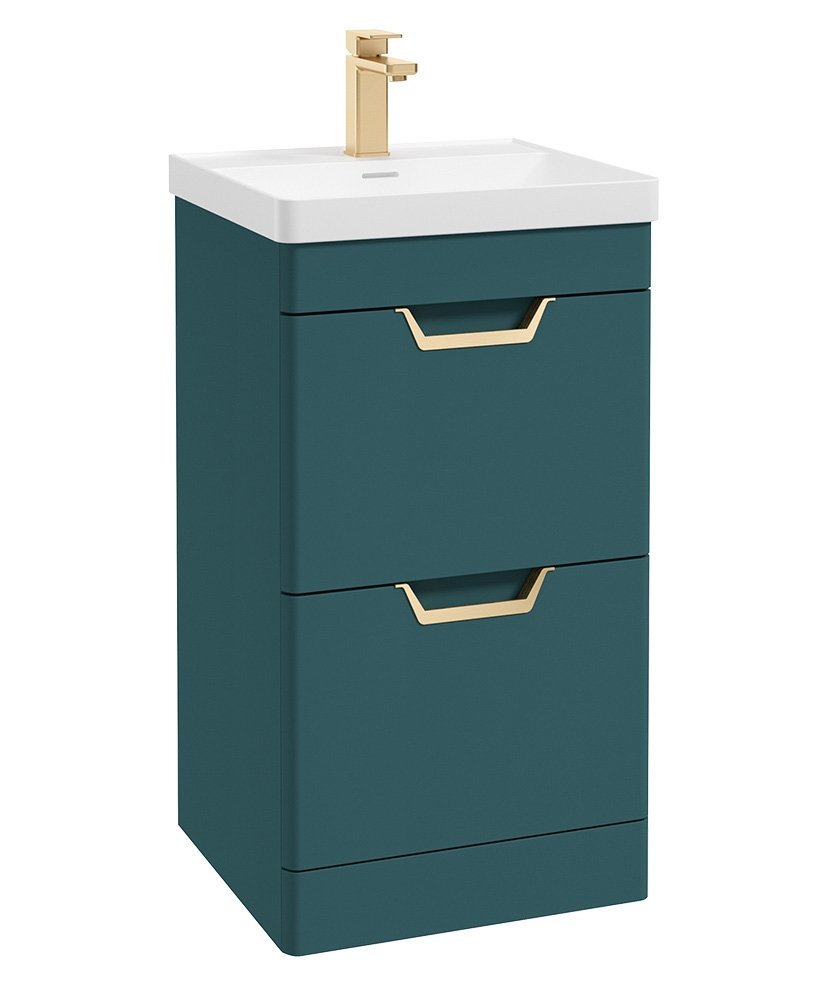 FREYA 50CM 2 DRAWER FLOORSTANDING VANITY UNIT MATT OCEAN BLUE-BRUSHED GOLD HANDLE
