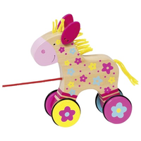 Colourful wooden pull along toy horse for toddlers