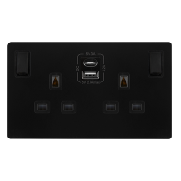 13A INGOT 2 GANG SWITCHED SAFETY SHUTTER SOCKET WITH TYPE A & C USB - MATT BLACK COVER PLATE - BLACK INSERT