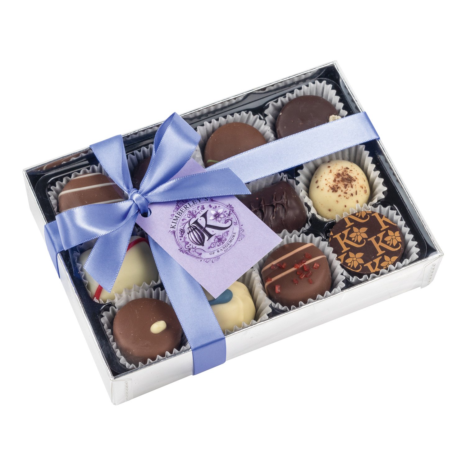 12 English truffles and chocs in silver gift box with menu tag - 8x160g