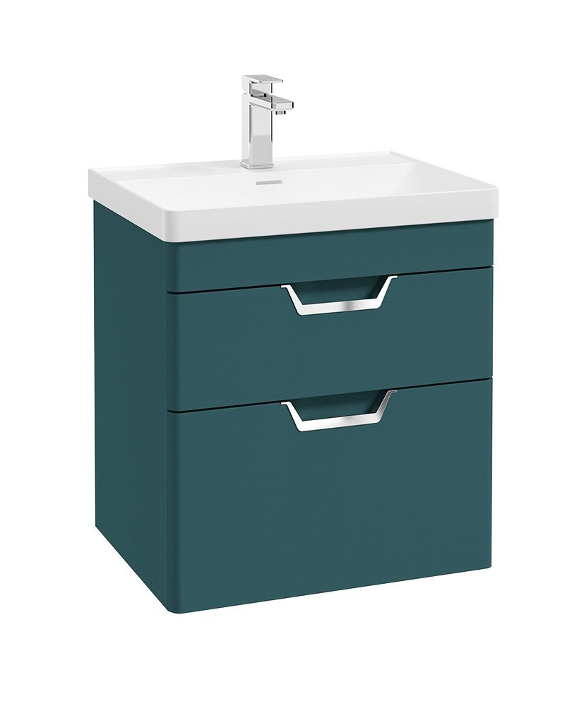 FREYA 60CM 2 DRAWER WALL HUNG VANITY UNIT MATT OCEAN BLUE-BRUSHED CHROME HANDLE