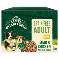 James Wellbeloved Adult Dog Grain Free Lamb and Chicken with Vegetables in Gravy Pouches 12x90gm DS43F