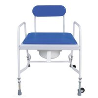 Mediatric Adjustable Height Commode has transit wheels on two of the legs to enable tipping of the frame and easy moving.