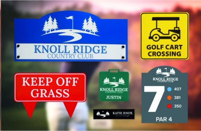 DurMark signage applications including golf course signs, warning labels, and custom name plates