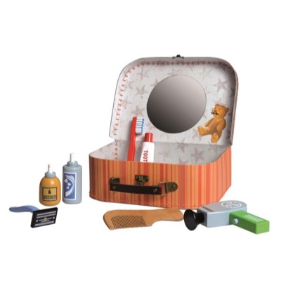 Toy wooden shaving kit in a carry-case with a mirror