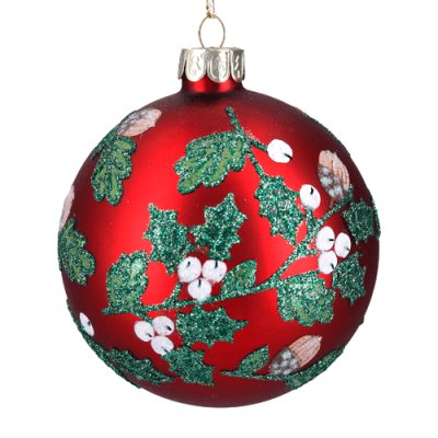 Matt Red Glass Bauble with Leaves and White Berries