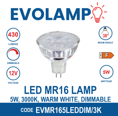 EVOLAMP 5W LED DIMMABLE MR16, 3K | EVMR165LEDDIM/3K