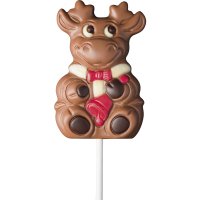 Decorated solid milk choc reindeer with bell lollies in display - 18 x 35g