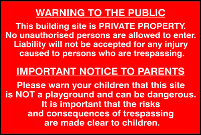 Safety Sign Building Site Warning To Public PVC 600x400mm