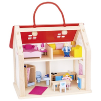 Fully-furnished wooden suitcase doll's house
