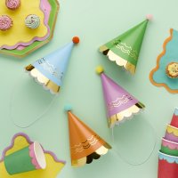 Premium Bright Party Hats with Pom Poms - Pack of 8