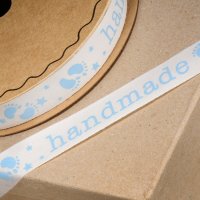 Printed 'Hand Made' Baby Footprint Cotton Ribbon Blue - 16mm x 10m