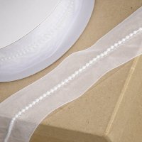 Organza Ribbon With Central Pearls White - 38mm x 10m