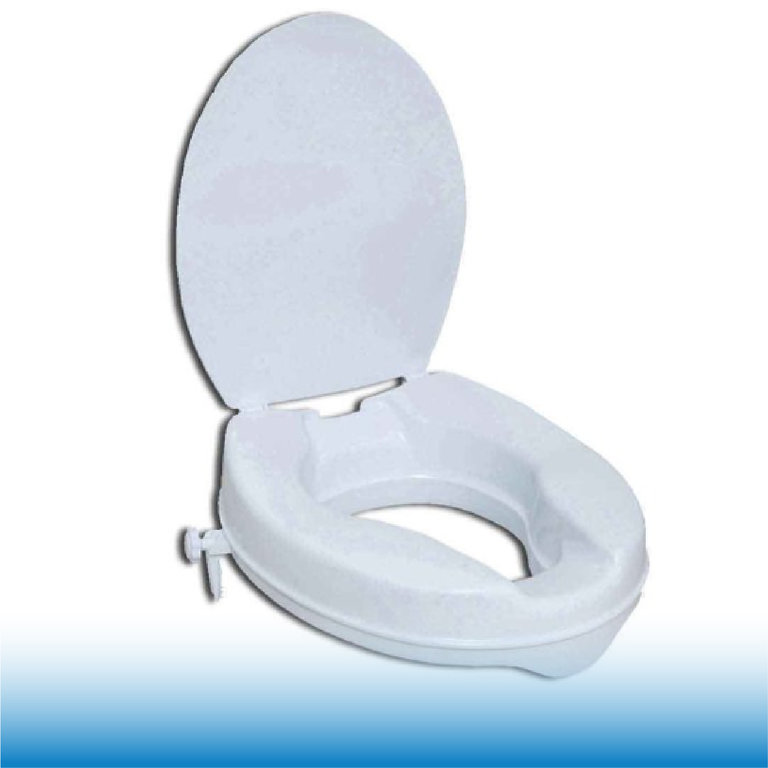 A high raiser white toilet seat to allow easier use in the bathroom