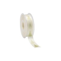 Cream single faced satin ribbon with gold Christmas trees 23mmx25m