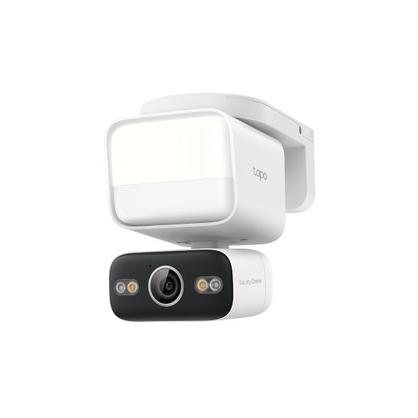 Outdoor Pan-Tilt Security Floodlight Camera front view 360 degree rotating security floodlight camera installed on wall 