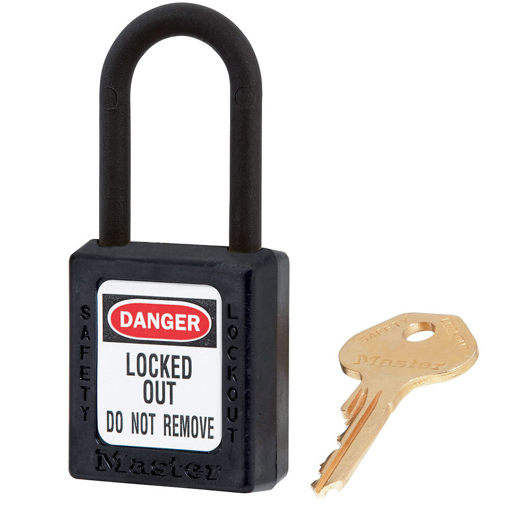 Master Lock Black dielectric Zenex™ thermoplastic safety padlock, 38mm wide with 38mm tall nylon shackle,...
