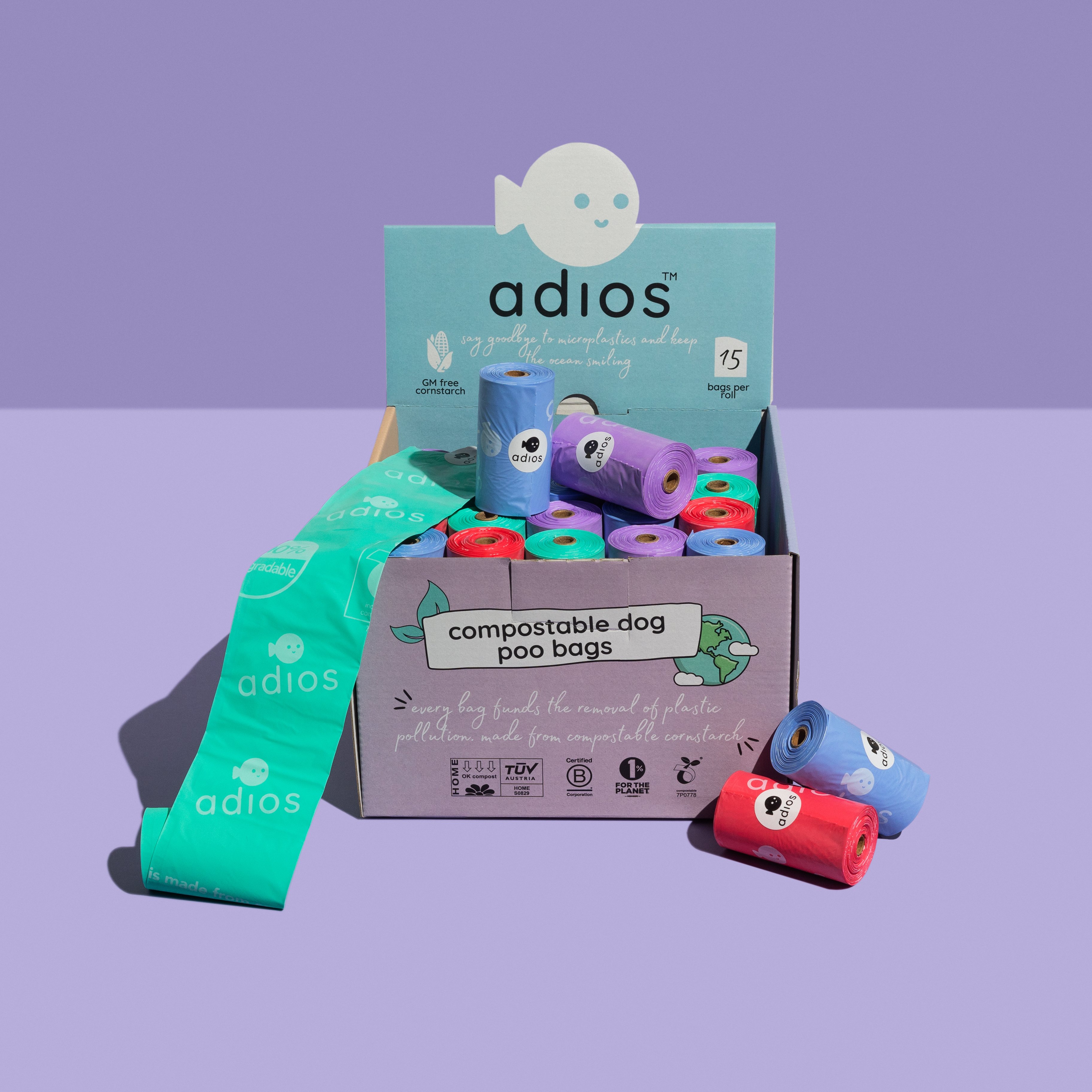 Adios Poop Bags Counter Top Display unit including rolls 50x15