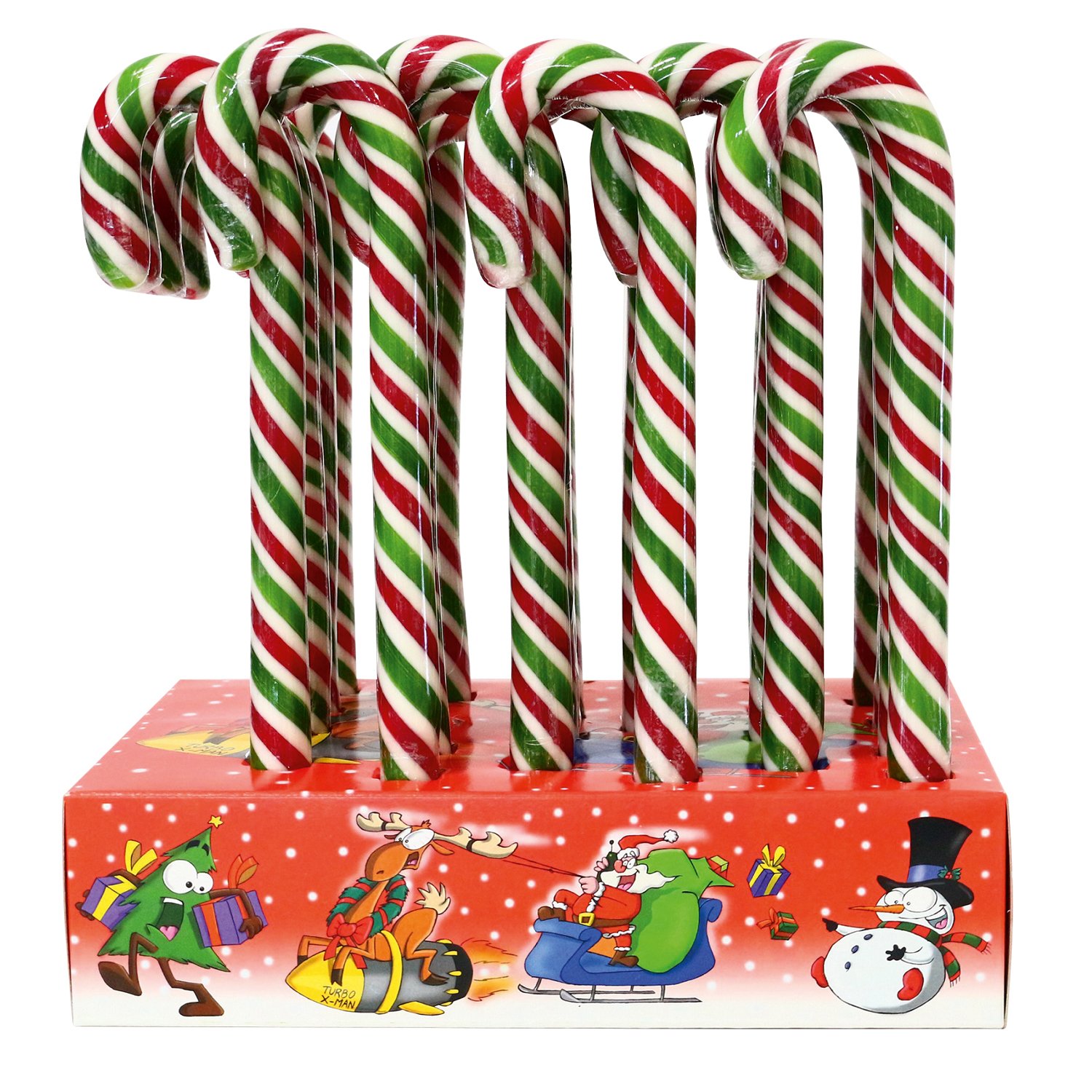 Red and white mint flavour candy canes in display 24x100g