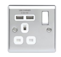 NEXUS POLISHED CHROME 13A 1 GANG SWITCHED  SOCKET + 2 USB 2.1A OUTLETS WHITE INSERT